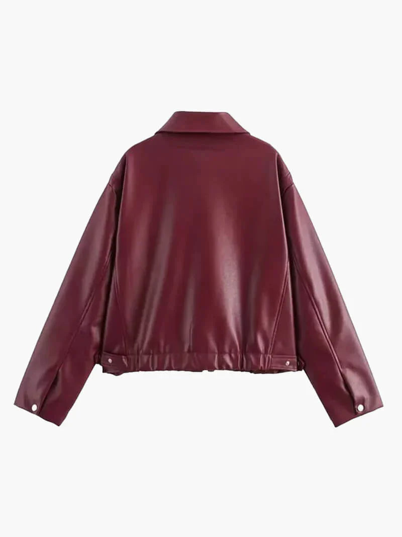 Bordeauxfarbene Damen Lederjacke – Slim Fit aus Kunstleder mit Reißverschluss 1