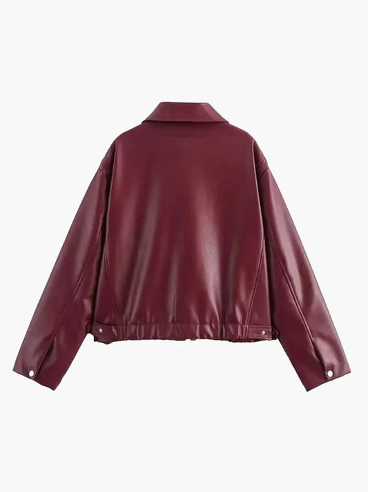 Bordeauxfarbene Damen Lederjacke – Slim Fit aus Kunstleder mit Reißverschluss 1