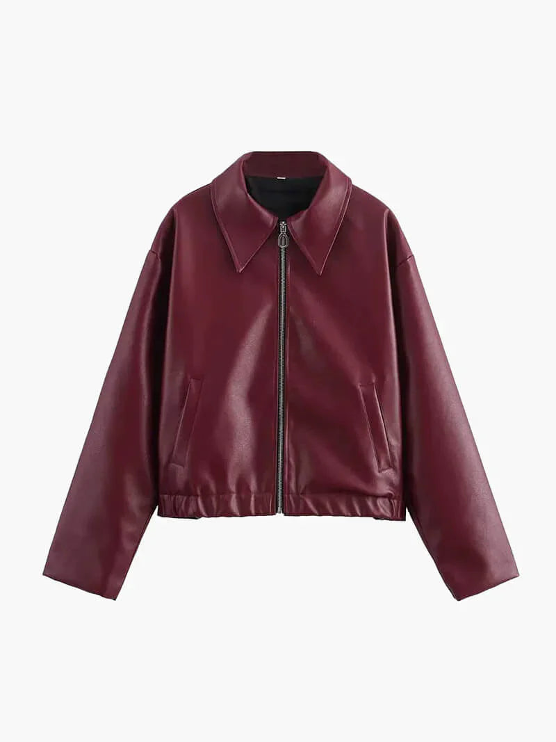 Bordeauxfarbene Damen Lederjacke – Slim Fit aus Kunstleder mit Reißverschluss 2
