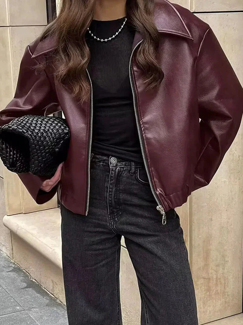 Bordeauxfarbene Damen Lederjacke – Slim Fit aus Kunstleder mit Reißverschluss 5