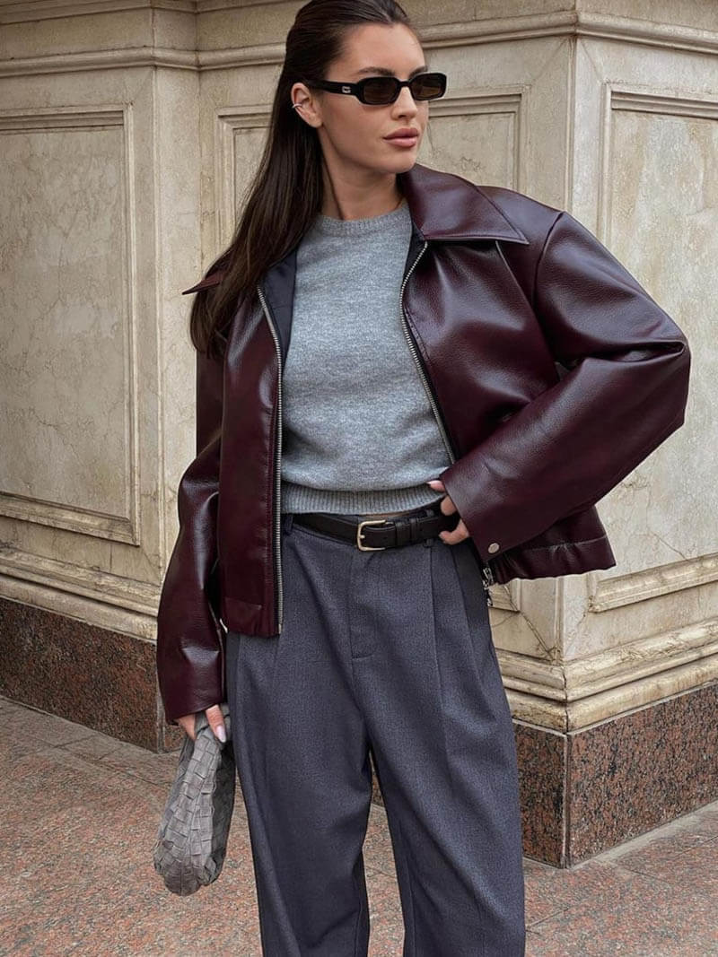 Bordeauxfarbene Damen Lederjacke – Slim Fit aus Kunstleder mit Reißverschluss 6