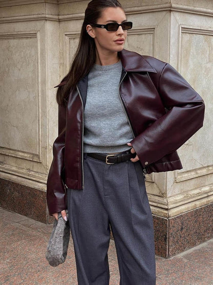 Bordeauxfarbene Damen Lederjacke – Slim Fit aus Kunstleder mit Reißverschluss 6
