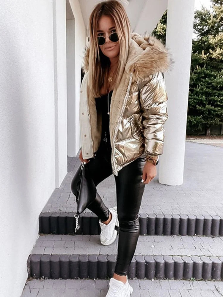 Celeste Damen Metallic Puffer Winterjacke – Hochwertige Isolierung, Glamourös 0