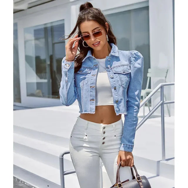 Cropped Denimjacke Damen mit Puffärmeln – Taillierte Passform aus Baumwolle, Blau, Trendige Jacke für Casual und Ausgehen 0
