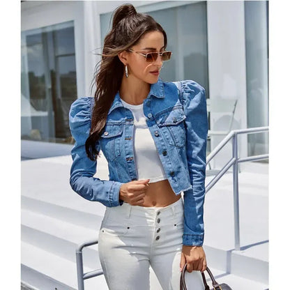 Cropped Denimjacke Damen mit Puffärmeln – Taillierte Passform aus Baumwolle, Blau, Trendige Jacke für Casual und Ausgehen 3
