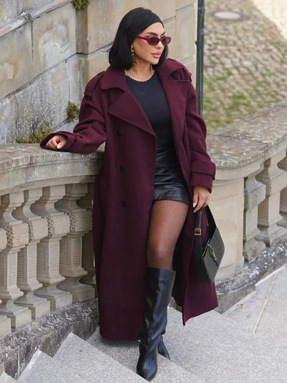 Damen Bordeauxfarbener Wolle Trenchcoat – Doppelreihig, Elegant 0