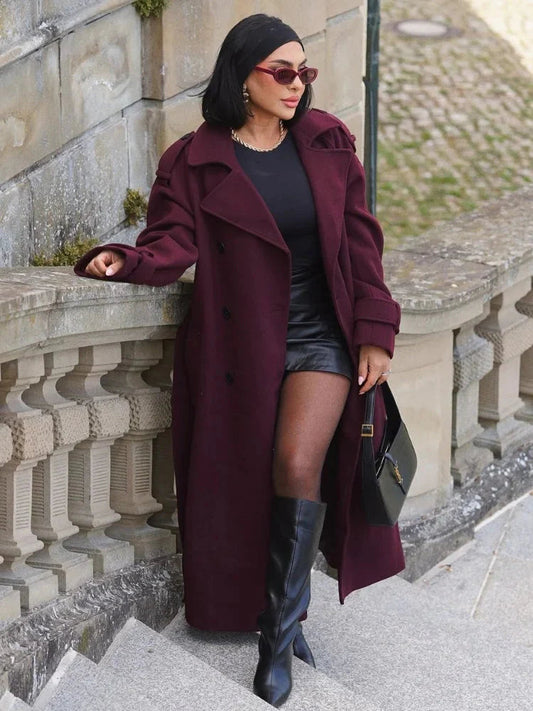 Damen Bordeauxfarbener Wolle Trenchcoat – Doppelreihig, Elegant 0