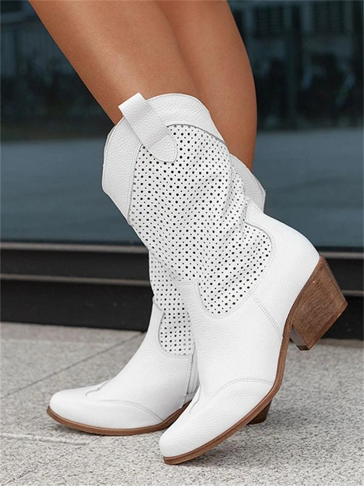 Damen Cowboy-Stiefel – Atmungsaktives Design, Weiß, Blockabsatz 2