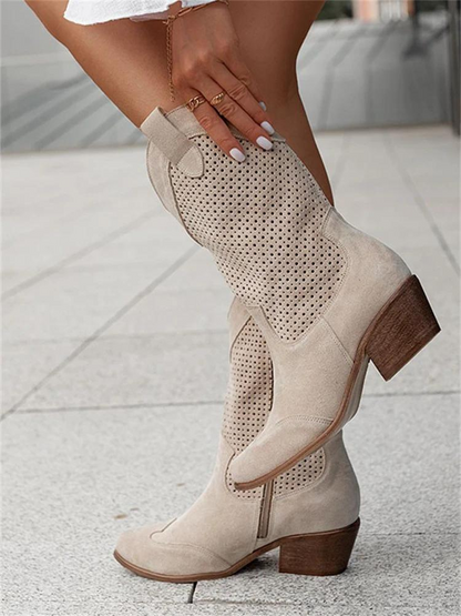 Damen Cowboy-Stiefel – Atmungsaktives Design, Weiß, Blockabsatz 4