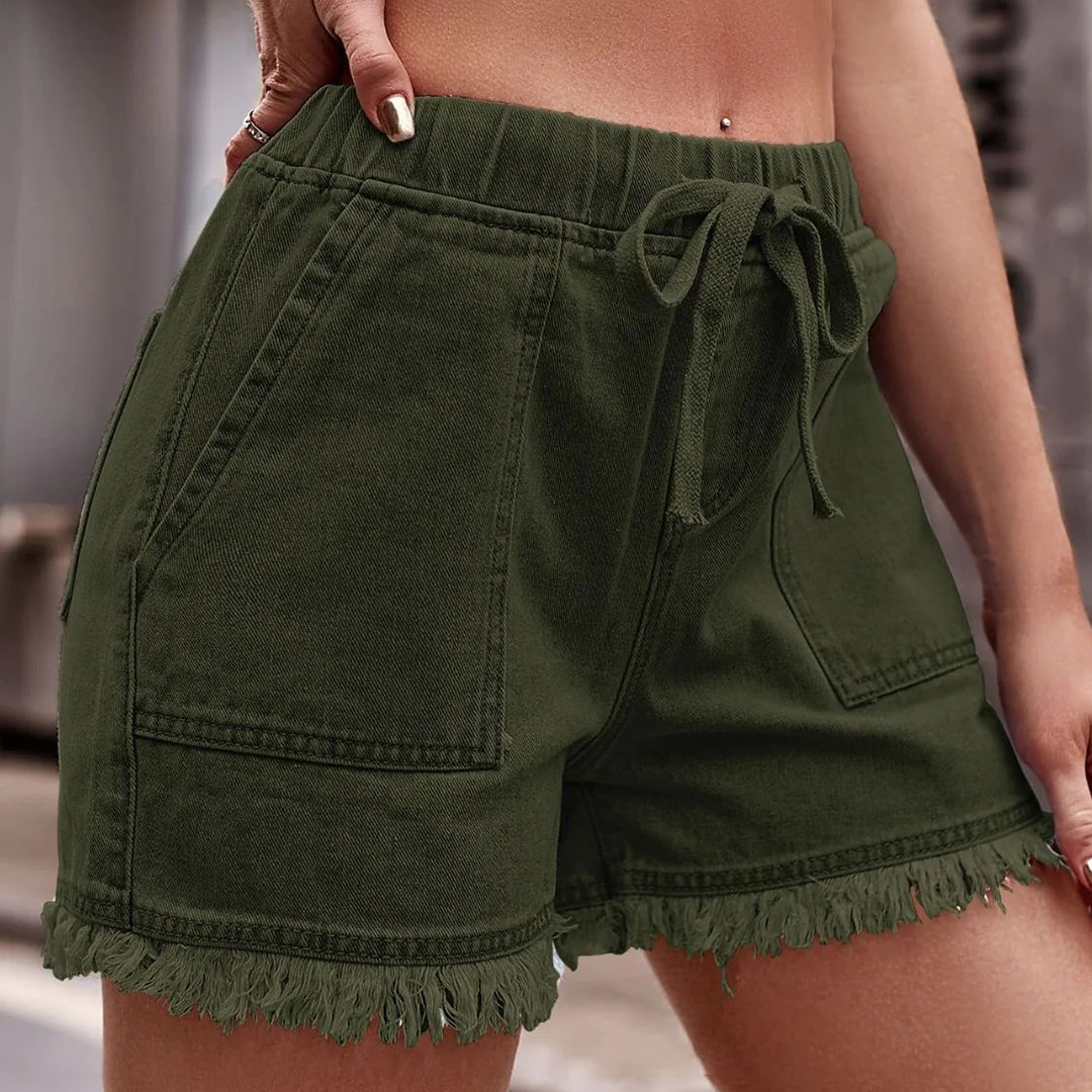 Damen Jeans Shorts mit Elastischer Taille und Fransen – Bequem und Lässig für Sommer, Kurze Hosen Damen in Blau 10