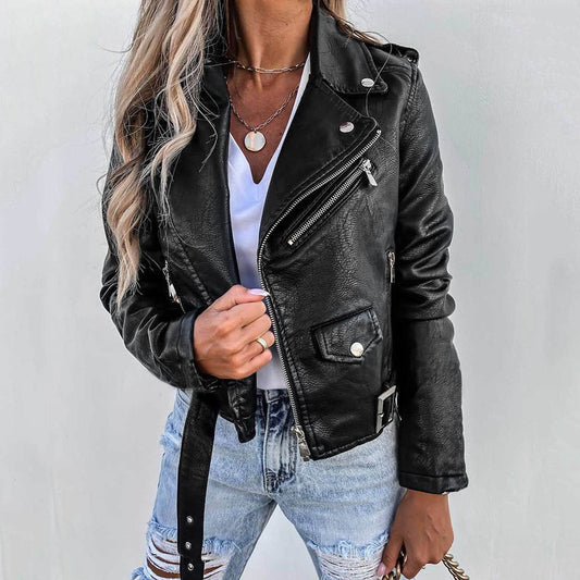 Damen Leren Herbstjacke – PU-Leder, Stilvoll mit Gürtel 0