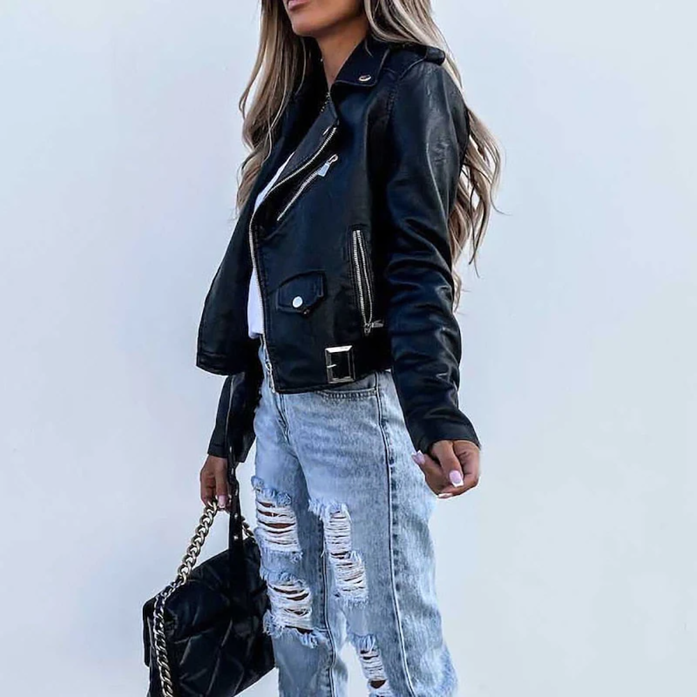 Damen Leren Herbstjacke – PU-Leder, Stilvoll mit Gürtel 3
