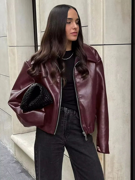 Damen Oversized Lederjacke – Burgundy, Stilvoll und Bequem 0