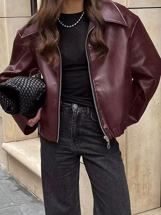 Damen Oversized Lederjacke – Burgundy, Stilvoll und Bequem 1