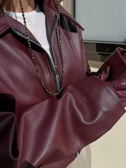 Damen Oversized Lederjacke – Burgundy, Stilvoll und Bequem 2