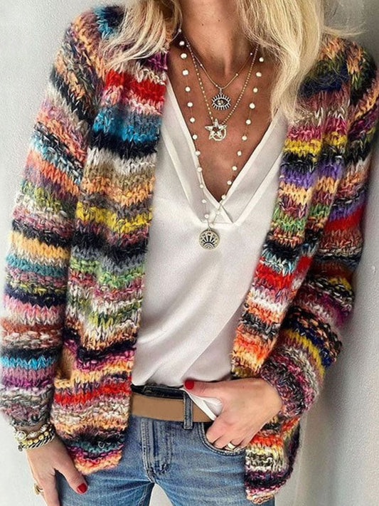 Damen Strickjacke - Bunt Gestreift, Warm und Gemütlich 0