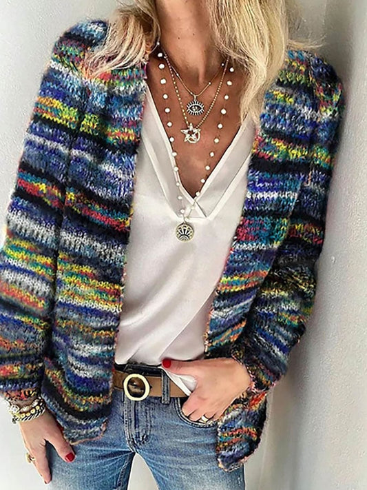 Damen Strickjacke - Bunt Gestreift, Warm und Gemütlich 1