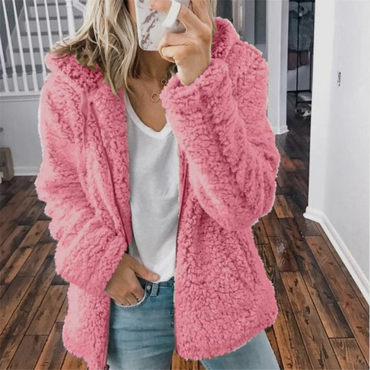 Damen Teddyjacke – Ultraweiches Plüschmaterial, Kapuze 0