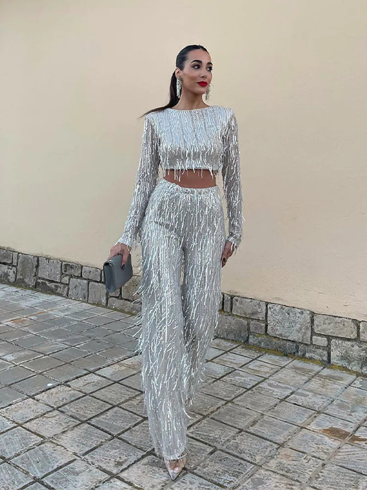ELARA Damen Set – Pailletten Cropped Top und Rock, Komfortabel und Glamourös 3