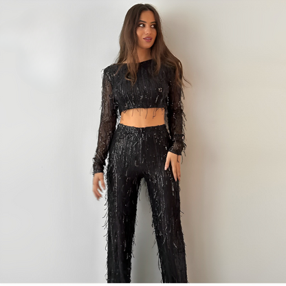 ELARA Damen Set – Pailletten Cropped Top und Rock, Komfortabel und Glamourös 5