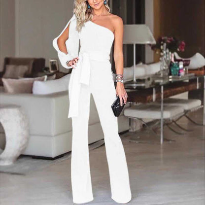 Ein-Schulter Jumpsuit Damen Elegant – Asymmetrisches Design mit Gürtel, Festlich für Hochzeit 0