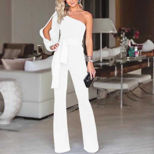 Ein-Schulter Jumpsuit Damen Elegant – Asymmetrisches Design mit Gürtel, Festlich für Hochzeit 0
