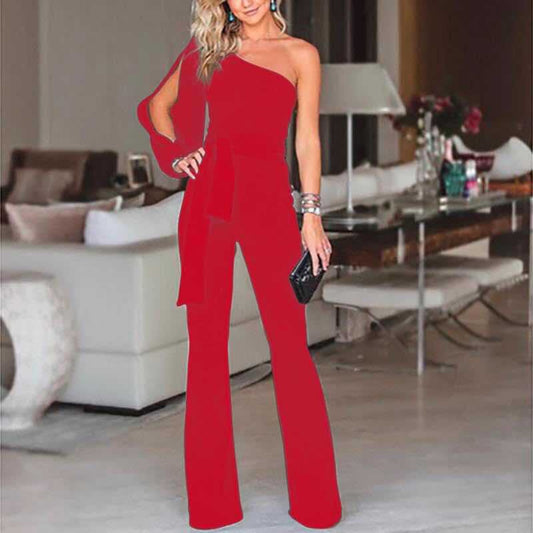 Ein-Schulter Jumpsuit Damen Elegant – Asymmetrisches Design mit Gürtel, Festlich für Hochzeit 1