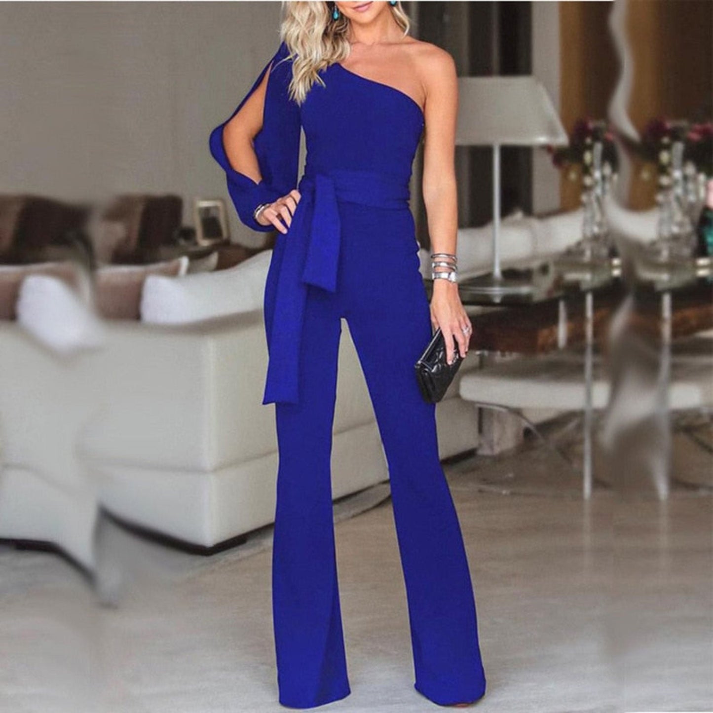 Ein-Schulter Jumpsuit Damen Elegant – Asymmetrisches Design mit Gürtel, Festlich für Hochzeit 4