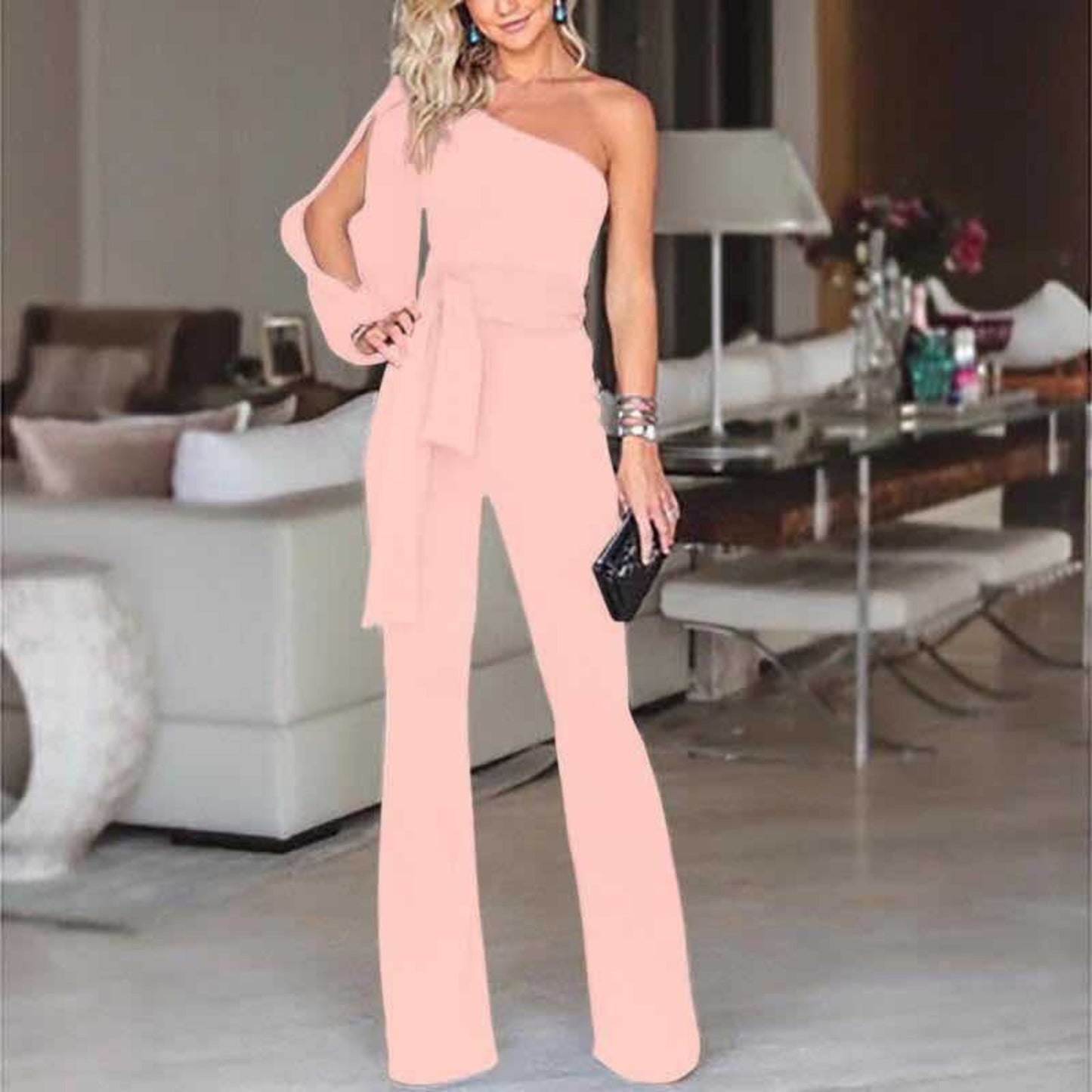 Ein-Schulter Jumpsuit Damen Elegant – Asymmetrisches Design mit Gürtel, Festlich für Hochzeit 5