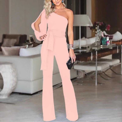 Ein-Schulter Jumpsuit Damen Elegant – Asymmetrisches Design mit Gürtel, Festlich für Hochzeit 5
