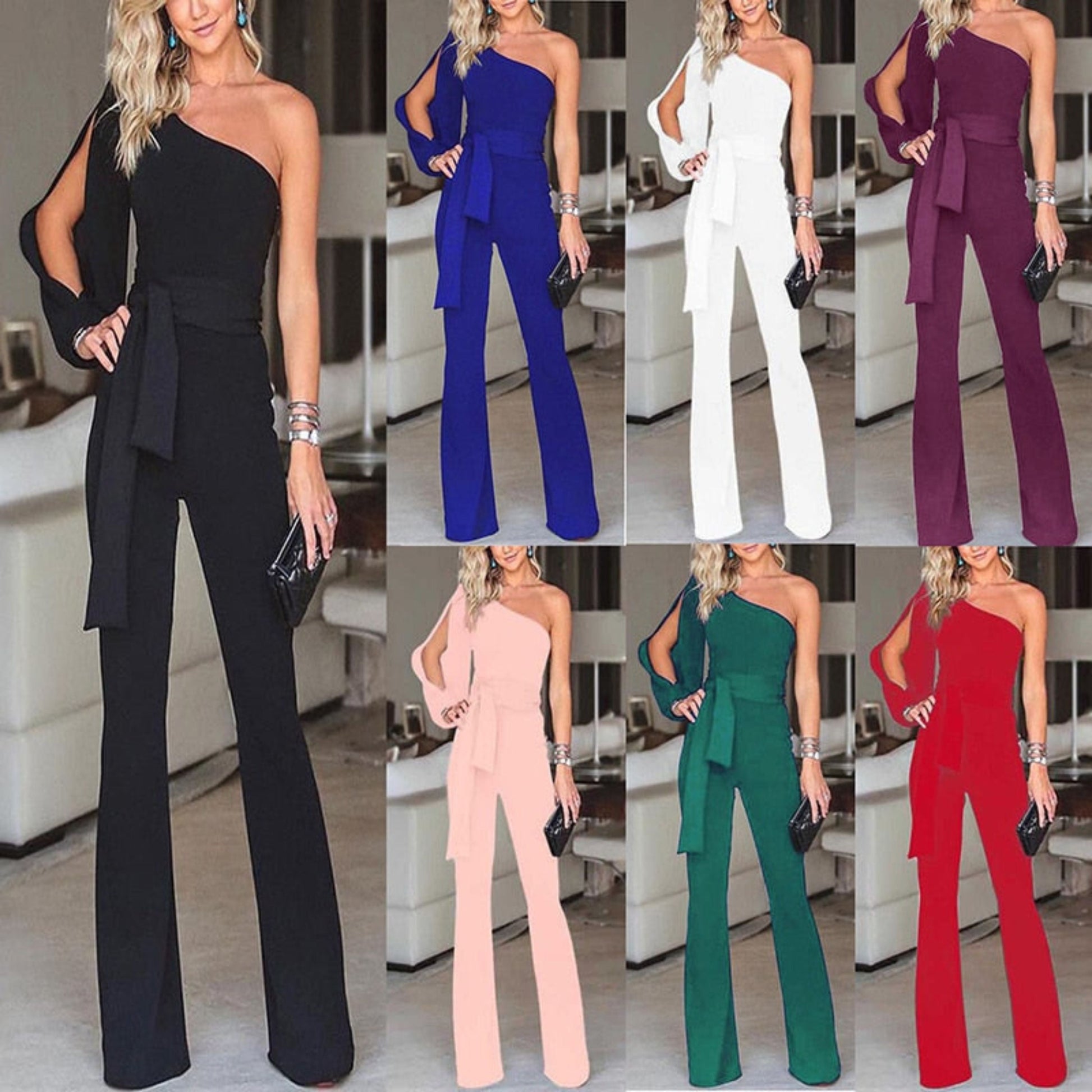 Ein-Schulter Jumpsuit Damen Elegant – Asymmetrisches Design mit Gürtel, Festlich für Hochzeit 7