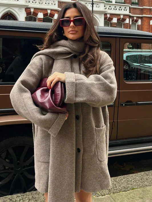 Elegante Oversized Wolle Jacke für Damen – Integrierter Schal, Zeitlos 0
