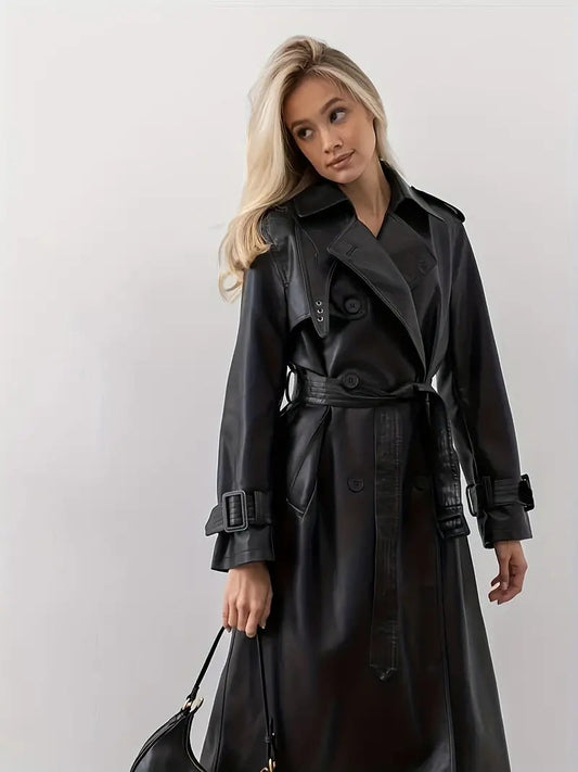 Eleganter Damen Trenchcoat – PU Leder, Zeitlos, Schwarz 0