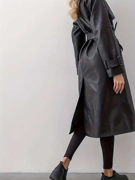 Eleganter Damen Trenchcoat – PU Leder, Zeitlos, Schwarz 1