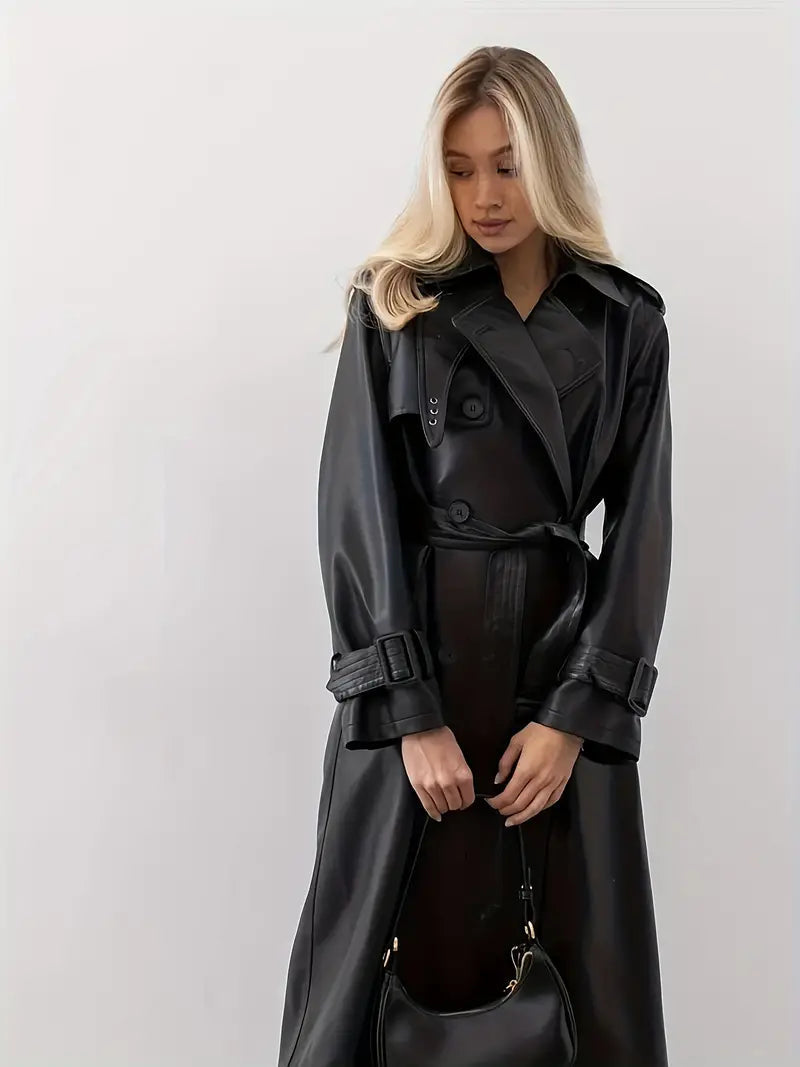 Eleganter Damen Trenchcoat – PU Leder, Zeitlos, Schwarz 2