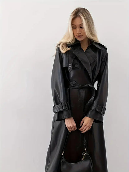 Eleganter Damen Trenchcoat – PU Leder, Zeitlos, Schwarz 2