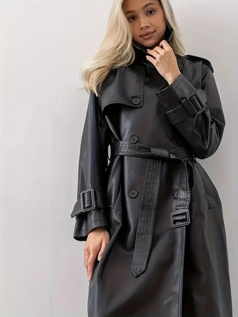Eleganter Damen Trenchcoat – PU Leder, Zeitlos, Schwarz 3