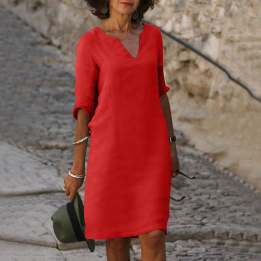 Elegantes Damenkleid – 100% Leinen, V-Ausschnitt, Midi-Länge 1