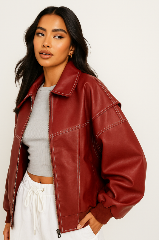 Ella | Oversized Rote Lederjacke 0