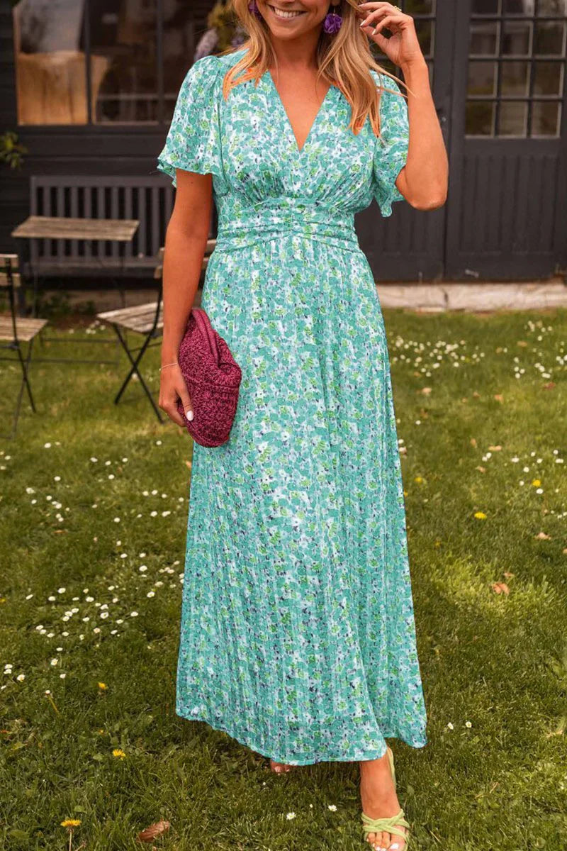Erisha Maxi Kleid Damen – Fließendes Blumenmuster, Elegante Flattermouwen 0