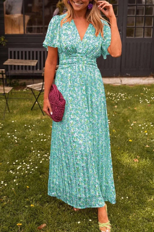 Erisha Maxi Kleid Damen – Fließendes Blumenmuster, Elegante Flattermouwen 0