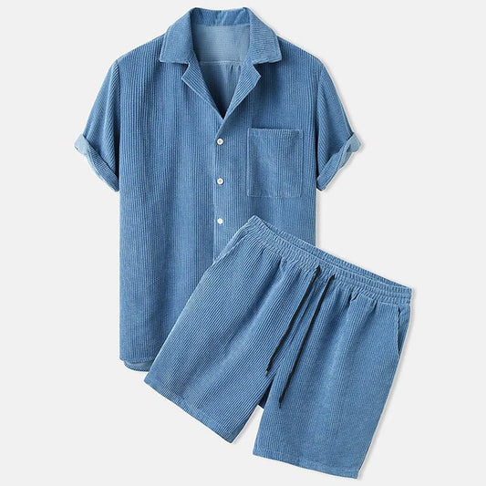 FERRAN | Herren Corduroy Set Für Den Sommer – Bequemes Männer Set Mit Kurzarmhemd Und Shorts 0