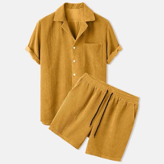 FERRAN | Herren Corduroy Set Für Den Sommer – Bequemes Männer Set Mit Kurzarmhemd Und Shorts 1