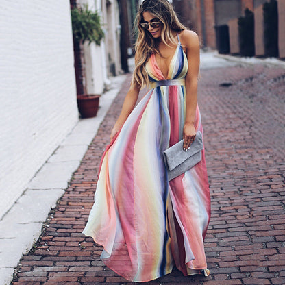 Damen | Mehrfarbig Gestreiftes Maxi Kleid mit V-Ausschnitt für Hochzeitsgäste und Festliche Anlässe 5