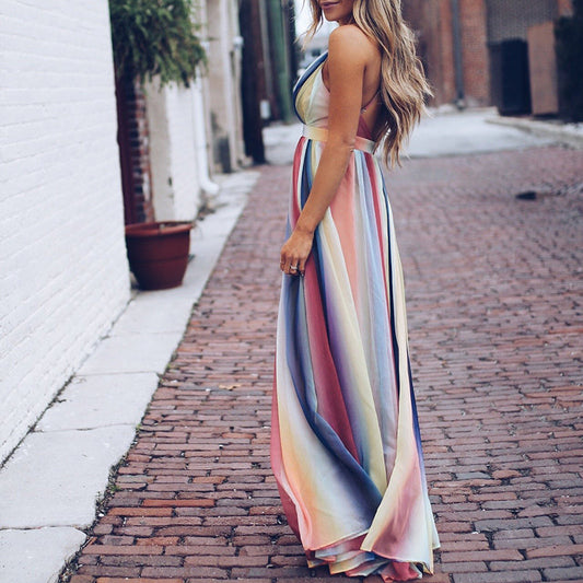 Damen | Mehrfarbig Gestreiftes Maxi Kleid mit V-Ausschnitt für Hochzeitsgäste und Festliche Anlässe 1