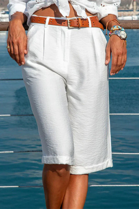 Leichte Leinen Bermuda Shorts Damen – Bequeme Kurze Hosen mit Mittelhoher Taille und Seitentaschen für den Sommer 0