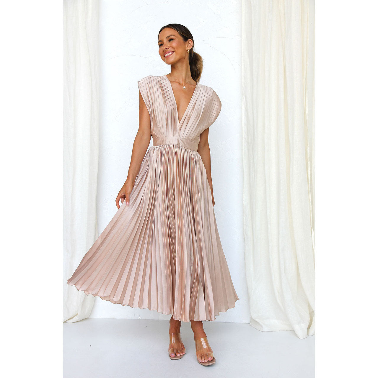 MICHELA Midi-Kleid für Damen – Elegantes Plissé mit V-Hals, Festlich 0