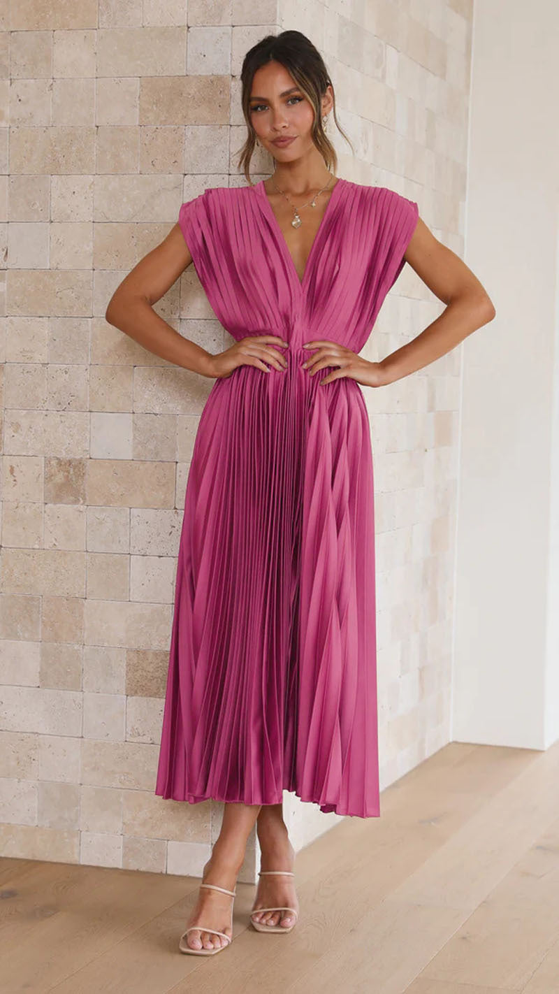 MICHELA Midi-Kleid für Damen – Elegantes Plissé mit V-Hals, Festlich 2