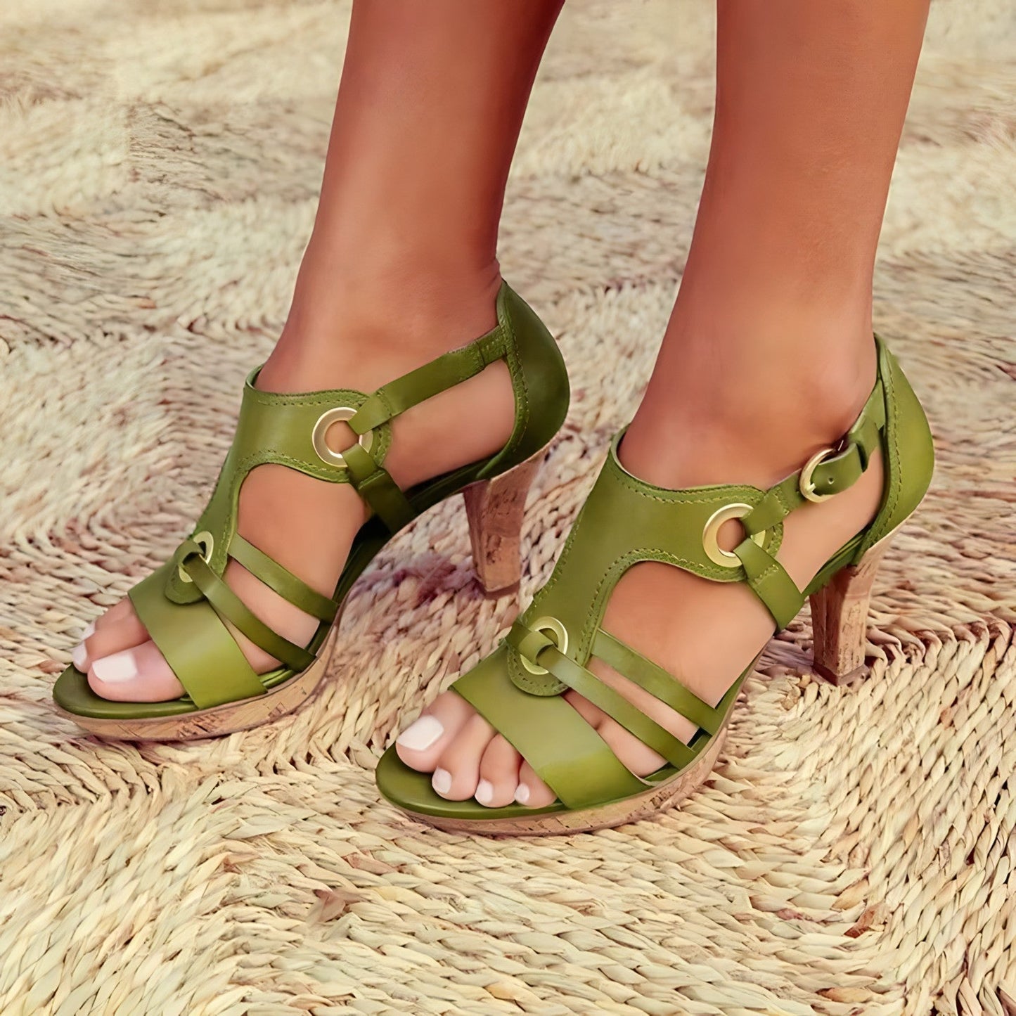 Mari | Elegante Hohe Hack Sandalen Aus Echtleder Mit Verstellbaren Riemen In Grün 2