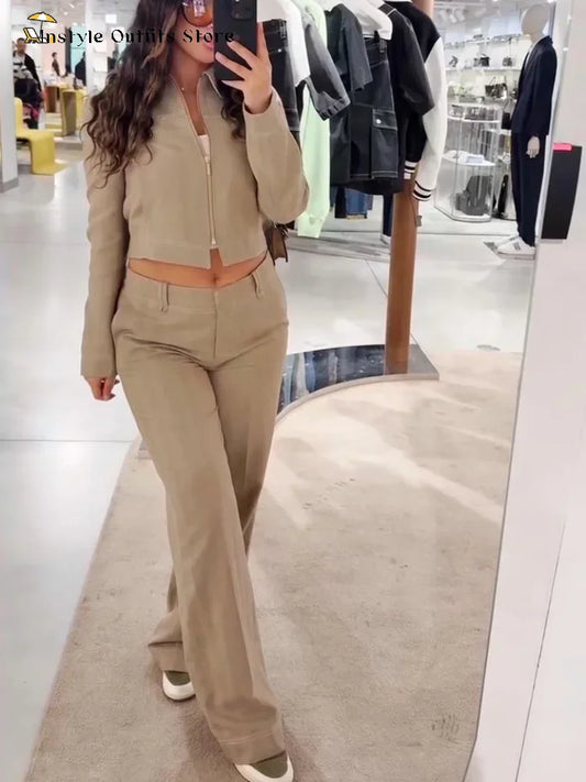 Lässiges Damen Set | Baumwolle Leinen Crop Top und Gerade Hosen 4